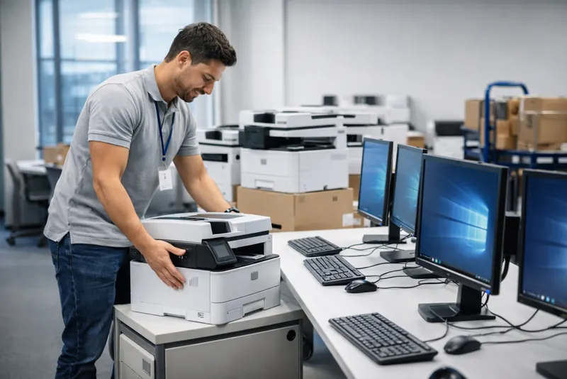 Técnico desplegando equipos en una oficina